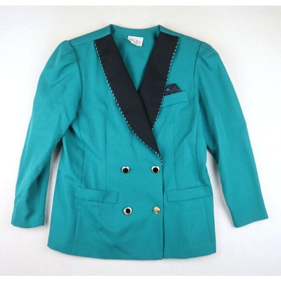 VINTAGE WOMEN'S GREEN & BLACK DOUBLE-BREASTED BLAZER SUIT JACKET - SIZE 14 - Picture 1 of 8